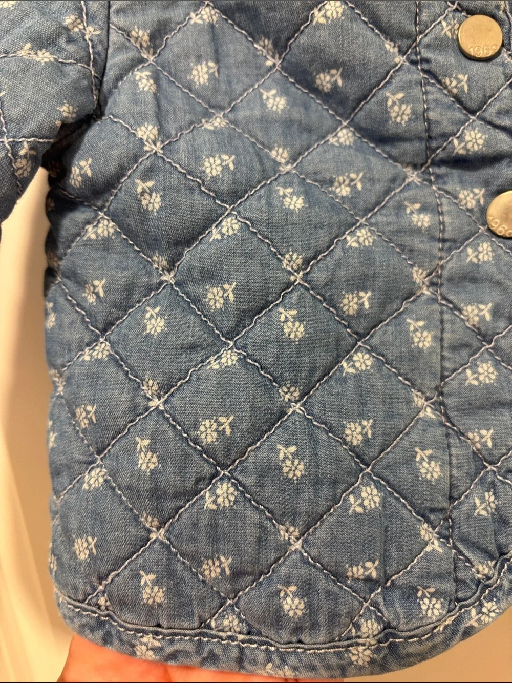 GAP Light Blue Denim Quilted Floral Puffer Jacket